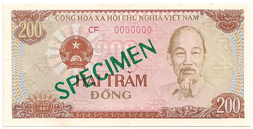 Vietnam banknote 200 Dong 1987 specimen, 200₫, face