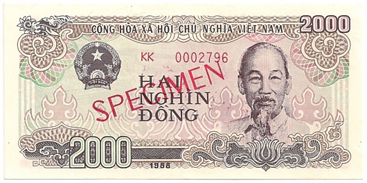 Vietnam banknote 2000 Dong 1988 specimen, 2000₫, face