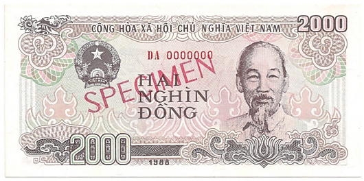 Vietnam banknote 2000 Dong 1988 specimen, 2000₫, face