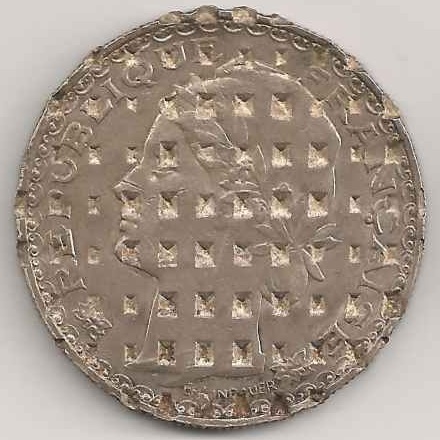French Indochina 1 piastre 1931 silver coin, cancelled, obverse