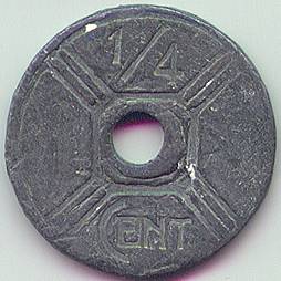 French Indochina 1/4 cent 1941 lead counterfeit coin, obverse