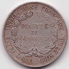 French Indochina 1890 fake piastre coin, reverse