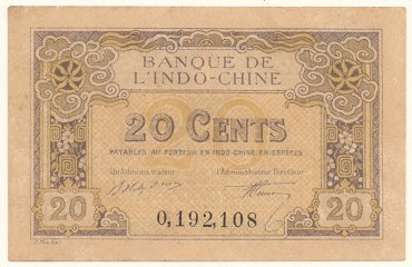 French Indochina fractional banknote 20 Cents 1920, face