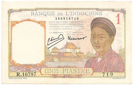 French Indochina banknote 1 Piastre 1949, face