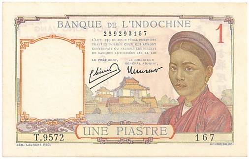 French Indochina banknote 1 Piastre 1949, face