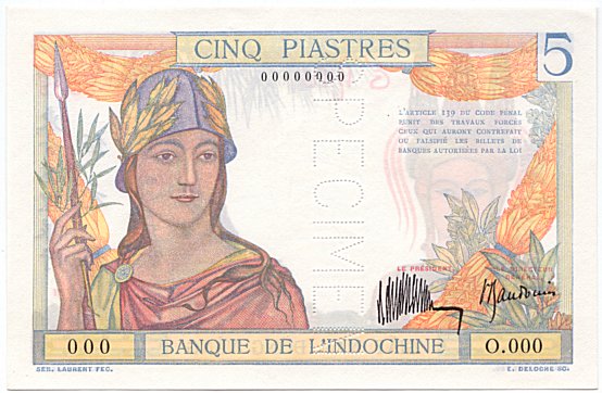 French Indochina banknote 5 Piastres 1932 specimen, face