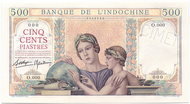 French Indochina banknote 500 Piastres 1941 specimen, face