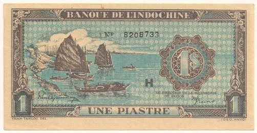 French Indochina banknote 1 Piastre 1942-1945 blue, face