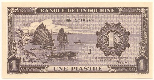 French Indochina banknote 1 Piastre 1942-1945 violet, face