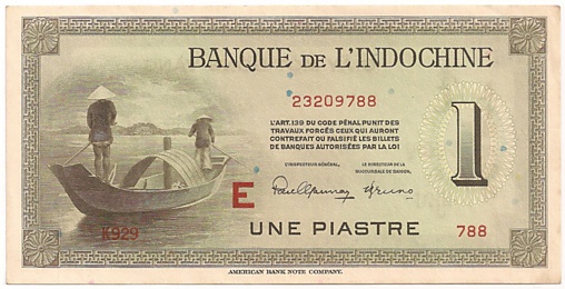 French Indochina banknote 1 Piastre 1951 E, face
