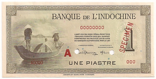 French Indochina banknote 1 Piastre 1949 specimen, face