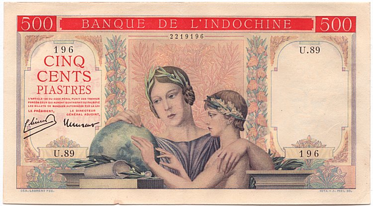 French Indochina banknote 500 Piastres 1951, face