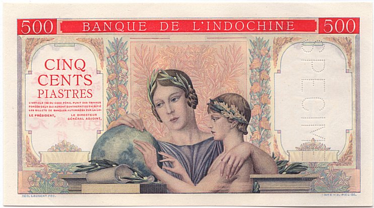 French Indochina banknote 500 Piastres 1951 specimen, face