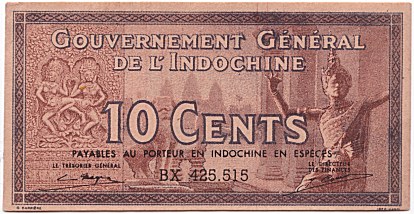 French Indochina banknote 10 Cents 1939 error, face