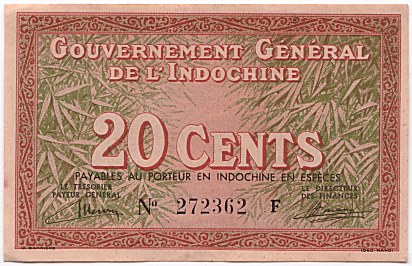 French Indochina banknote 20 Cents 1939, face