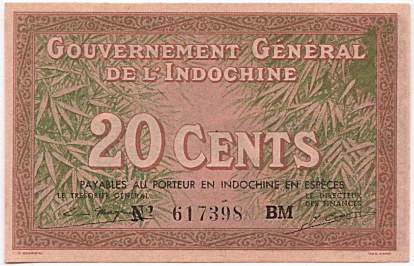 French Indochina banknote 20 Cents 1939, face