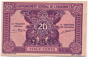 French Indochina banknote 20 Cents 1942, face
