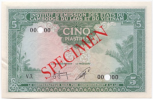 French Indochina banknote 5 Piastres 1953 Cambodia specimen, face