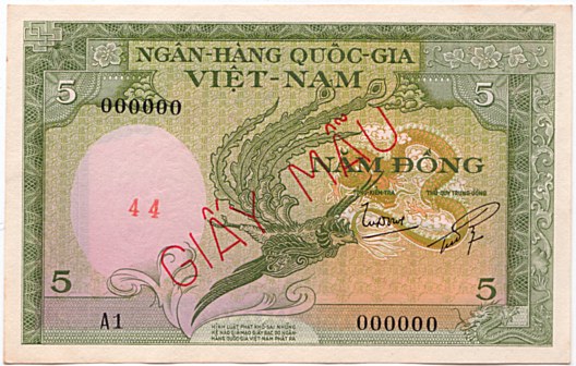 South Vietnam banknote 5 Dong 1955 specimen, face