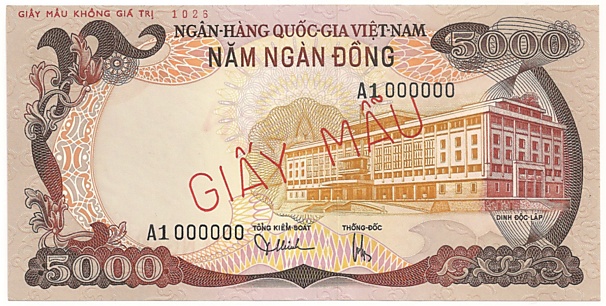 South Vietnam banknote 5000 Dong 1975 specimen, face