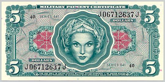 Vietnam War, Military Payment Certificate 5 dollars, series 641, face
