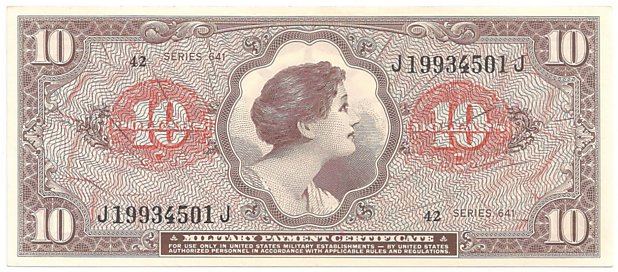 Vietnam War, Military Payment Certificate 10 dollars, series 641, face
