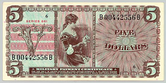 Vietnam War, Military Payment Certificate 5 dollars, series 661, face