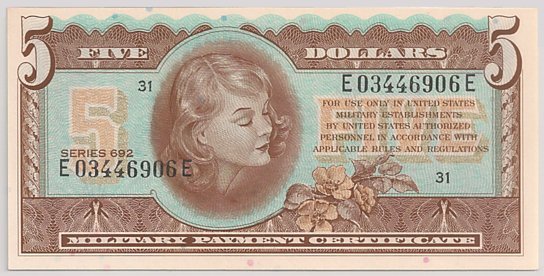 Vietnam War, Military Payment Certificate 5 dollars, series 692, face